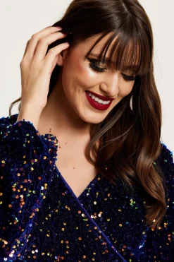Women Liquorish Royal Blue Velvet Based Multicolour Sequin Mini Wrap Dress