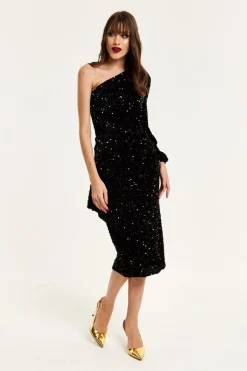 Women Liquorish Sequin Velvet One Shoulder Midi Dress