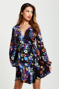 Women Liquorish Speckle Floral Print Mini Wrap Dress