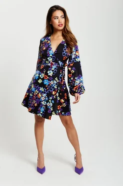 Women Liquorish Speckle Floral Print Mini Wrap Dress