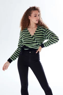Women Liquorish Striped Wrap-Around Cardigan In Black