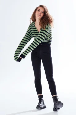 Women Liquorish Striped Wrap-Around Cardigan In Black