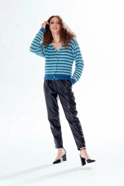 Women Liquorish Texture Stripe Cardigan Blue Turquoise White Tones