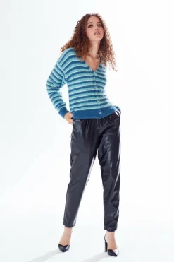 Women Liquorish Texture Stripe Cardigan Blue Turquoise White Tones
