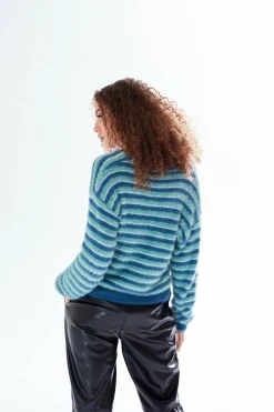 Women Liquorish Texture Stripe Cardigan Blue Turquoise White Tones