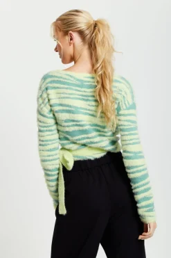 Women Liquorish Textured Zebra Wrap Cardigan In Yellow And Green
