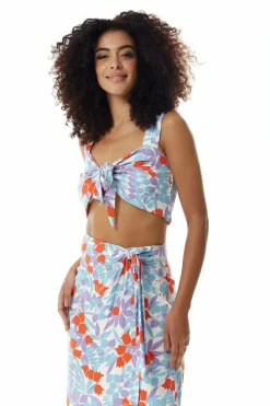Women Liquorish Tie Front Floral Print Crop Top In Blue And Red