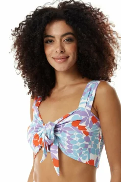 Women Liquorish Tie Front Floral Print Crop Top In Blue And Red