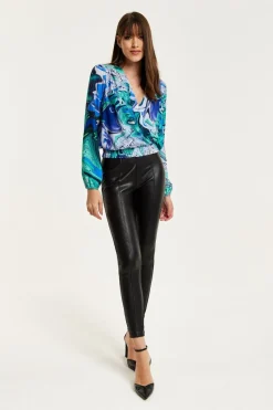 Women Liquorish Turquoise Marble Print Wrap Top
