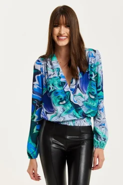 Women Liquorish Turquoise Marble Print Wrap Top