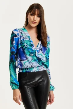 Women Liquorish Turquoise Marble Print Wrap Top