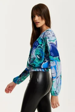 Women Liquorish Turquoise Marble Print Wrap Top