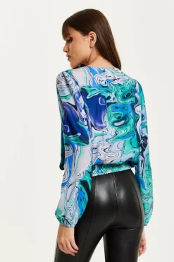 Women Liquorish Turquoise Marble Print Wrap Top