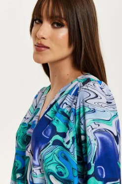 Women Liquorish Turquoise Marble Print Wrap Top
