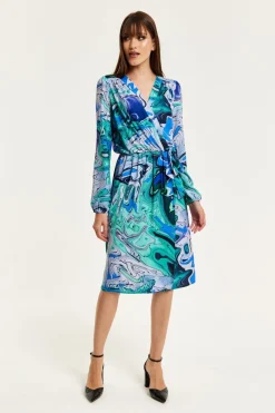 Women Liquorish Turquoise Marble Print Midi Wrap Dress