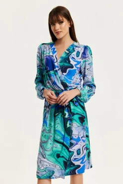 Women Liquorish Turquoise Marble Print Midi Wrap Dress