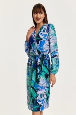 Women Liquorish Turquoise Marble Print Midi Wrap Dress