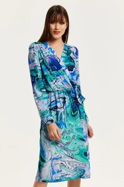 Women Liquorish Turquoise Marble Print Midi Wrap Dress