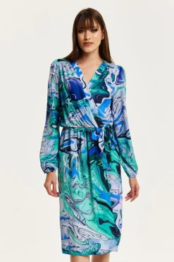 Women Liquorish Turquoise Marble Print Midi Wrap Dress