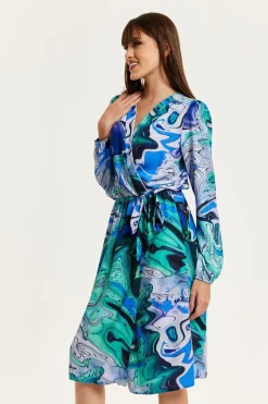 Women Liquorish Turquoise Marble Print Midi Wrap Dress