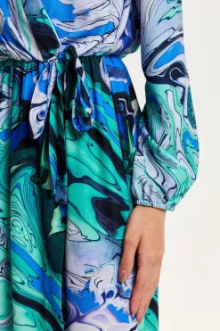 Women Liquorish Turquoise Marble Print Midi Wrap Dress