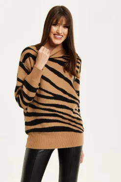 Women Liquorish Zebra Pattern High Neck Jumper In And Black