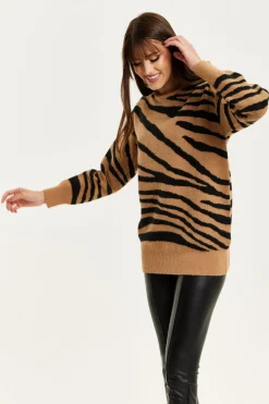 Women Liquorish Zebra Pattern High Neck Jumper In And Black
