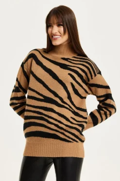 Women Liquorish Zebra Pattern High Neck Jumper In And Black