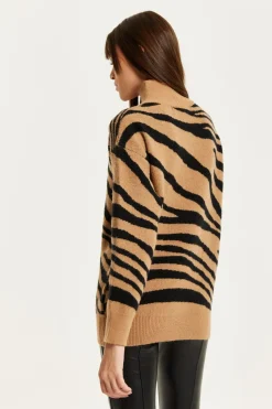 Women Liquorish Zebra Pattern High Neck Jumper In And Black
