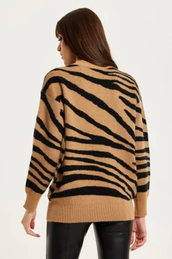 Women Liquorish Zebra Pattern High Neck Jumper In And Black