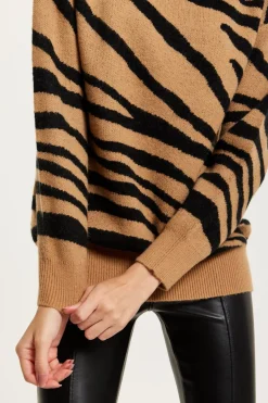 Women Liquorish Zebra Pattern High Neck Jumper In And Black
