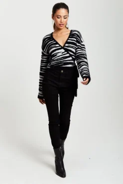 Women Liquorish Zebra Pattern Wrap Cardigan In Black And White