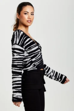 Women Liquorish Zebra Pattern Wrap Cardigan In Black And White