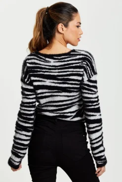 Women Liquorish Zebra Pattern Wrap Cardigan In Black And White