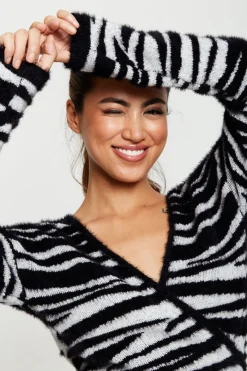 Women Liquorish Zebra Pattern Wrap Cardigan In Black And White