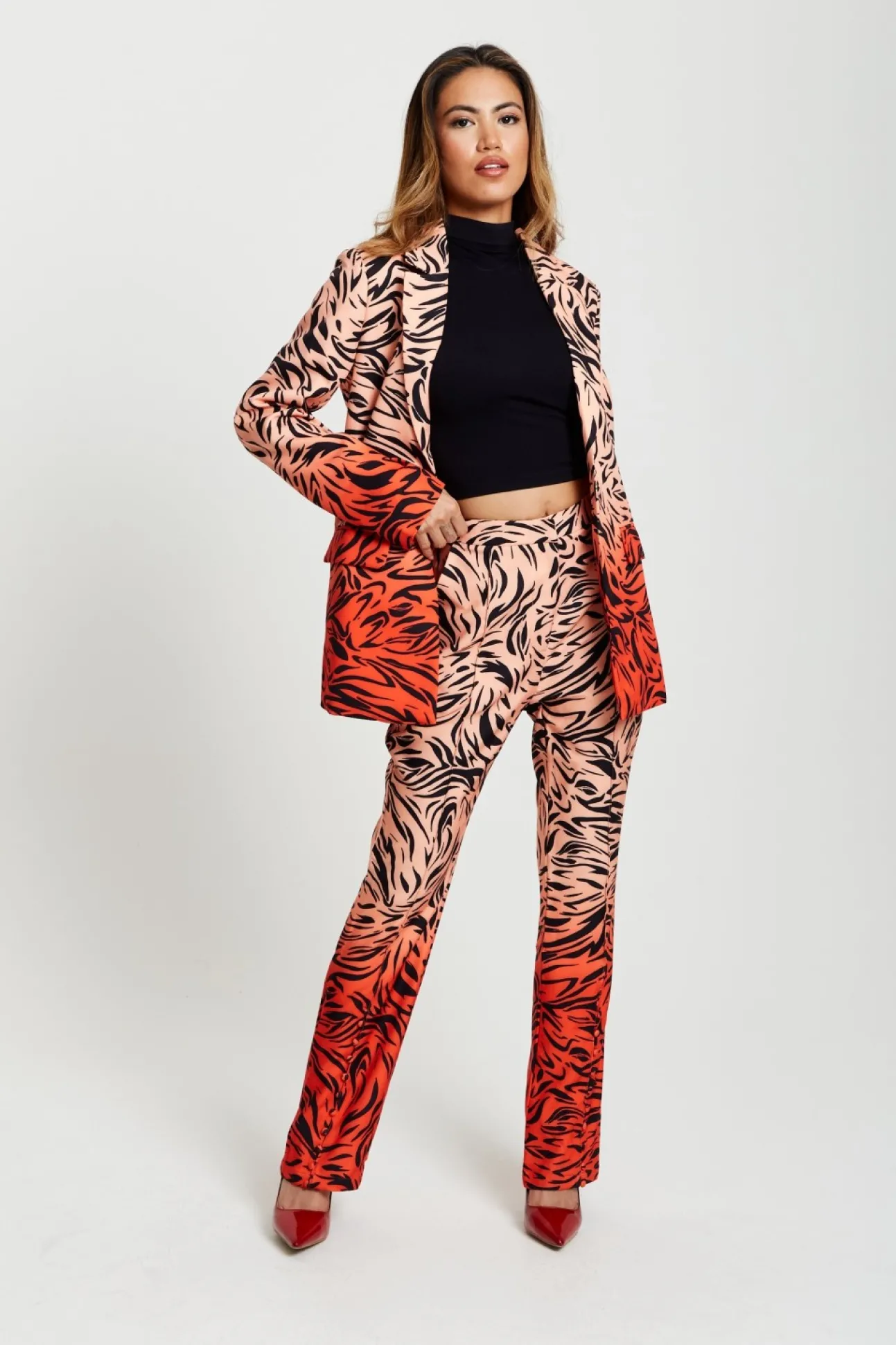Women Liquorish Zebra Print Suit Blazer In Orange And Nude
