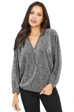 Women Mela London Leopard Zip Top