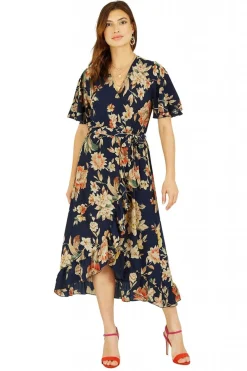 Women Mela London Navy Winter Floral Wrap Midi Dress