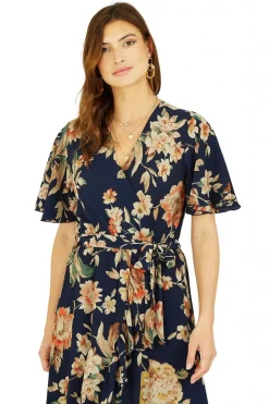 Women Mela London Navy Winter Floral Wrap Midi Dress