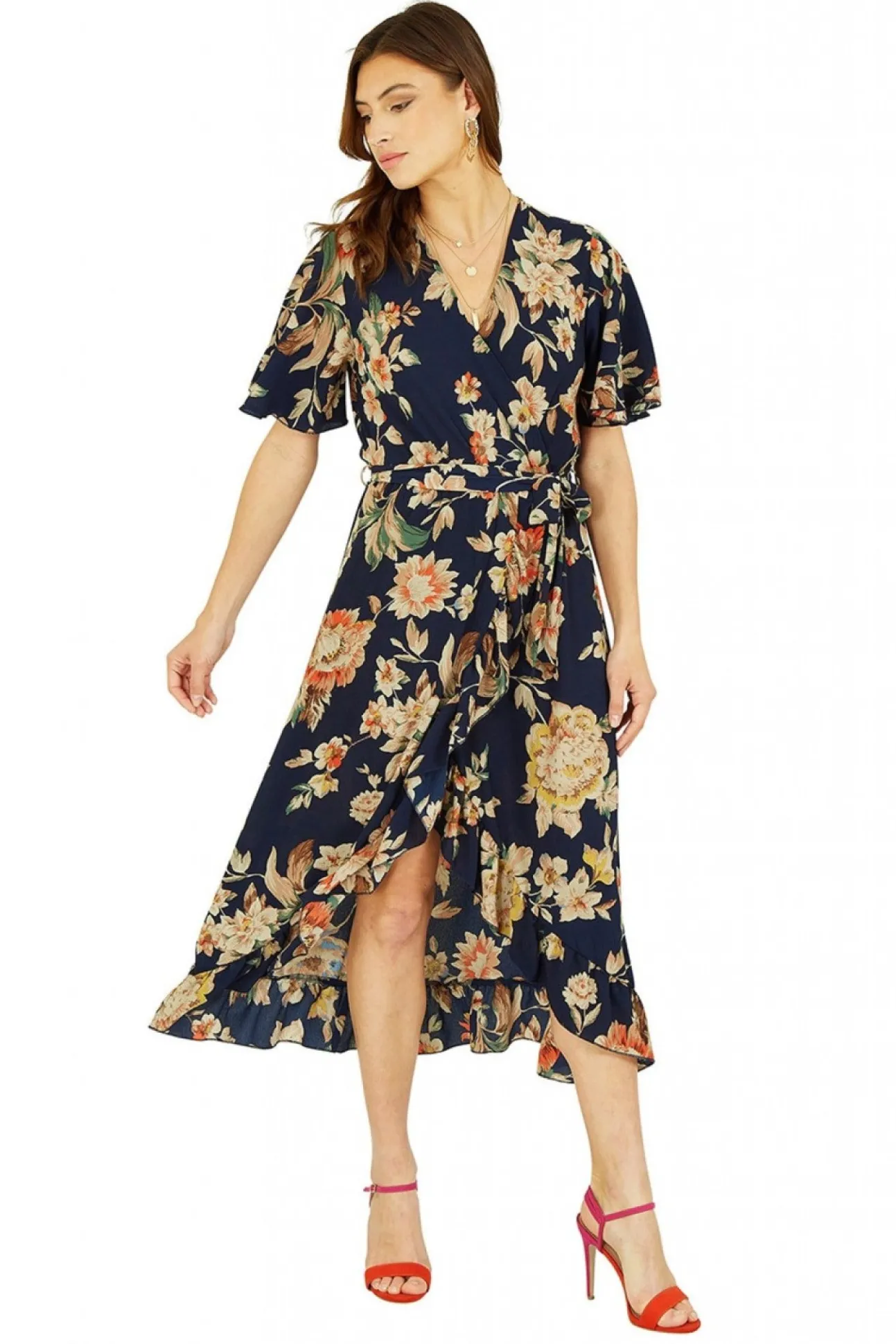 Women Mela London Navy Winter Floral Wrap Midi Dress