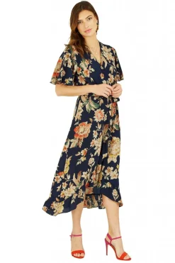 Women Mela London Navy Winter Floral Wrap Midi Dress