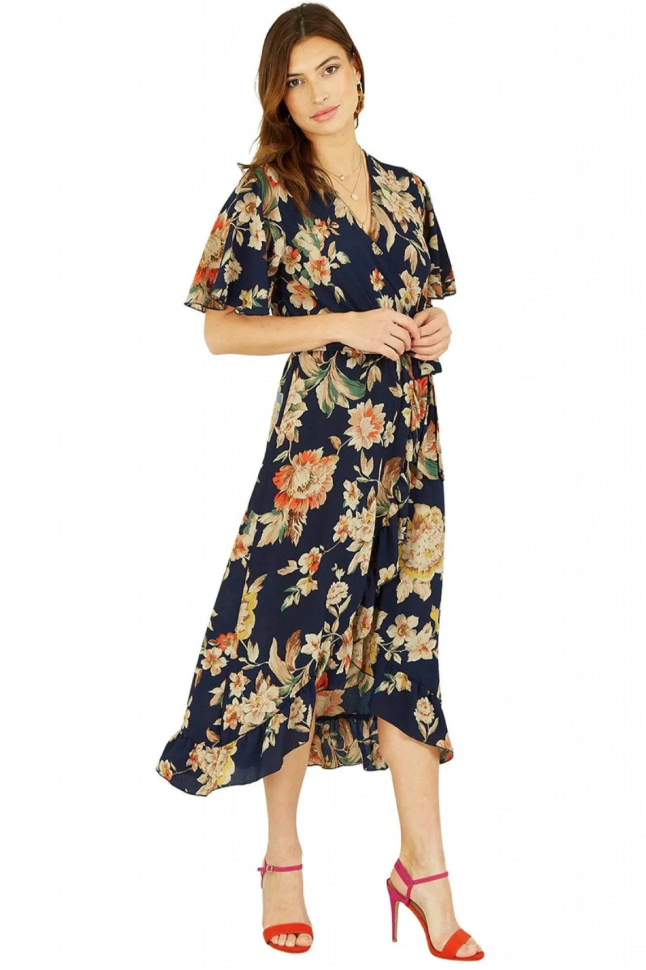 Women Mela London Navy Winter Floral Wrap Midi Dress