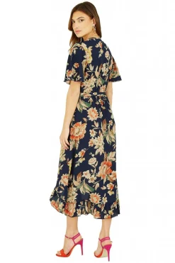 Women Mela London Navy Winter Floral Wrap Midi Dress