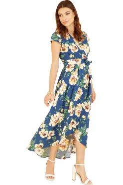Women Mela London Painted Floral Print Dipped Hem Wrap Dress