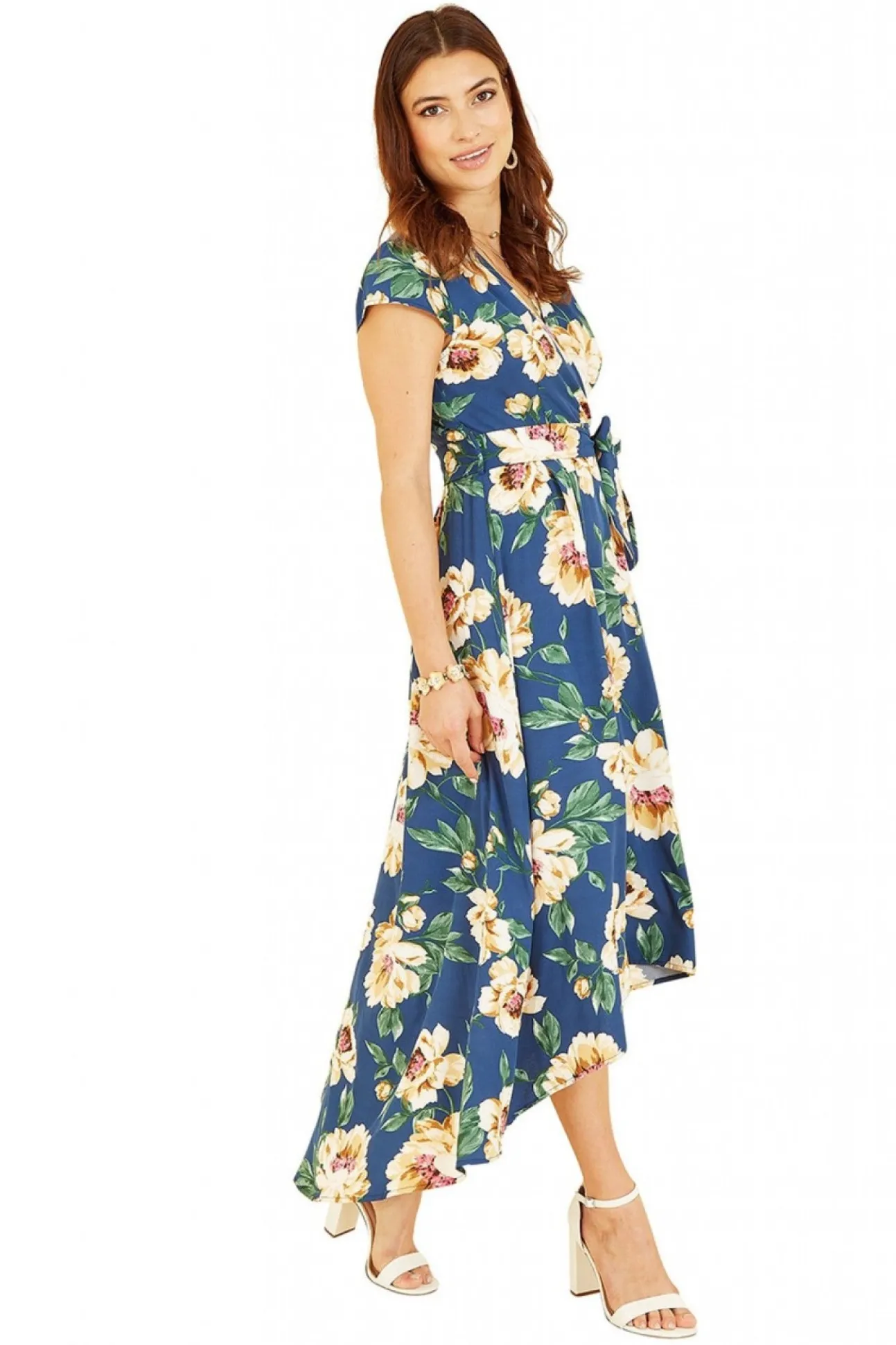 Women Mela London Painted Floral Print Dipped Hem Wrap Dress