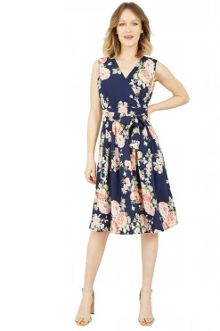 Women Mela London Rose Printed Wrap Over Sleeveless Skater Dress