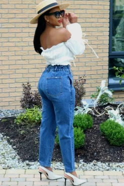 Women SETSOFRAN London High Waist Shape Paperbag Jeans Medium Wash