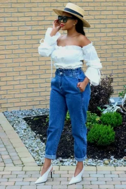 Women SETSOFRAN London High Waist Shape Paperbag Jeans Medium Wash