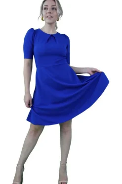 Women Signage Royal Blue Half Sleeve Box Pleat Skater Dress