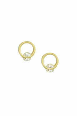Women White Leaf Circle Earring With Single Crystal In